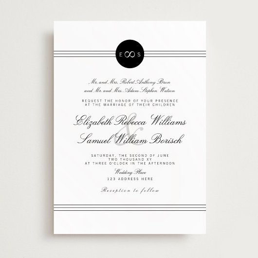 Invitation Noir Blanc Élégant Monogram Infinity Mariage