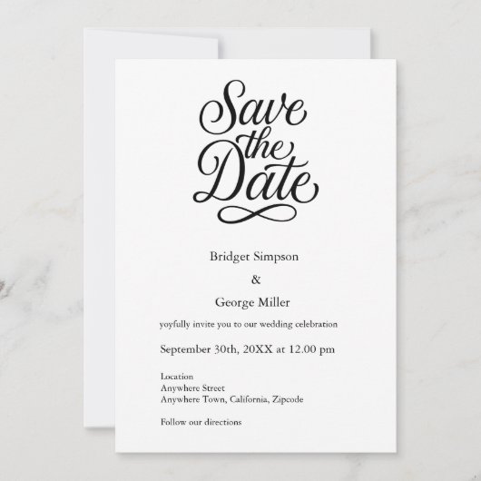 Invitation noir blanc Elegant Script Mariage sûr la date (Devant)