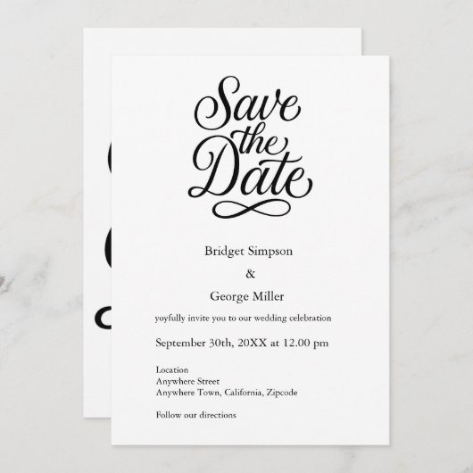 Invitation noir blanc Elegant Script Mariage sûr la date (Devant / Derrière)