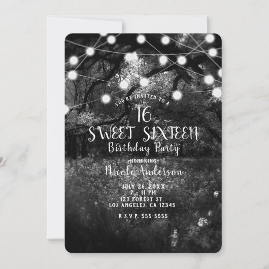 Invitation Noir Blanc Enchanted Forest Lights Sweet 16 Party (Devant)