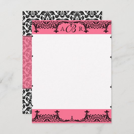 Invitation Noir, blanc et rose chaud Damas Merci Notes (Devant / Derrière)