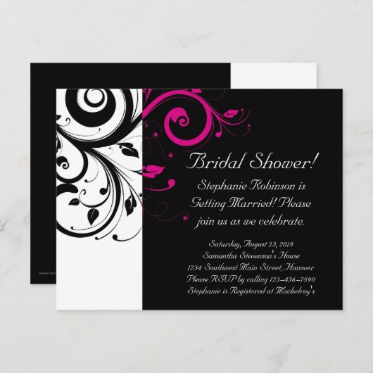 Invitation Noir, Blanc, Fête des mariées Magenta Swirl/ Génér (Devant / Derrière)