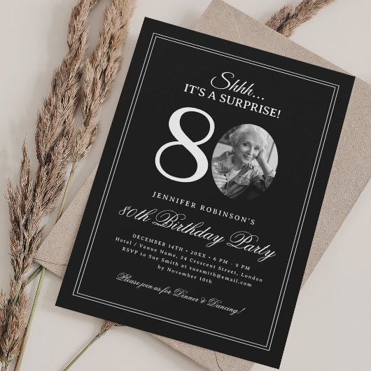 Invitation Noir + Blanc | Fête surprise pour 80 ans