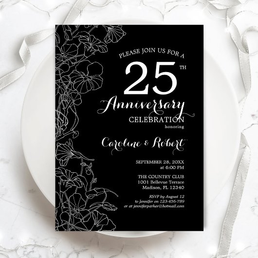 Invitation Noir Blanc Floral 25e Anniversaire