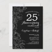 Invitation Noir Blanc Floral 25e Anniversaire (Devant)