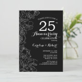 Invitation Noir Blanc Floral 25e Anniversaire (Debout devant)