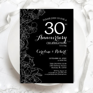 Invitation Noir Blanc Floral 30e Anniversaire