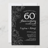 Invitation Noir Blanc Floral 60e Anniversaire (Devant)