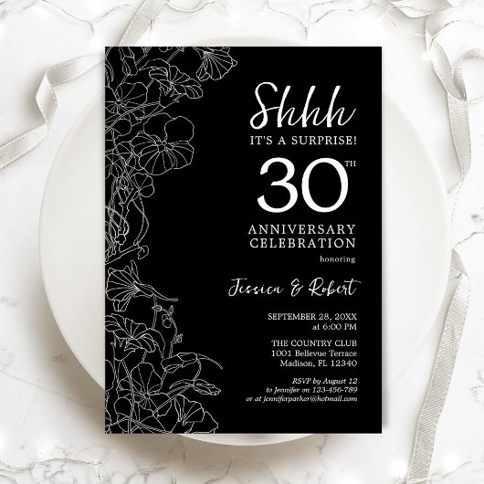 Invitation Noir Blanc Floral Surprise 30e Anniversaire