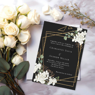 Invitation Noir blanc floraux or mariage géométrique