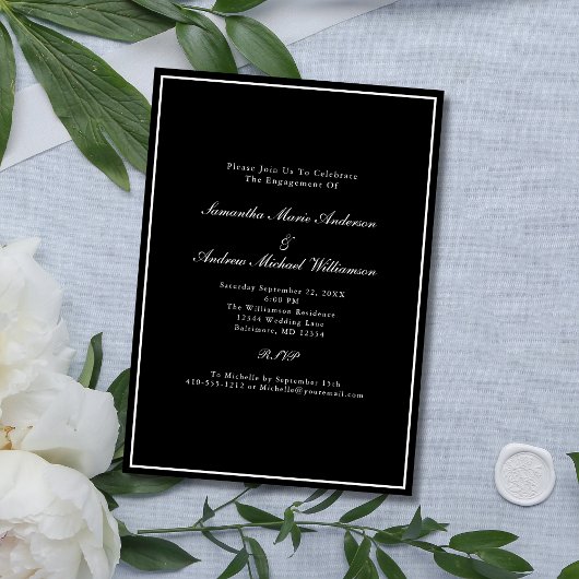 Invitation Noir Blanc Formal Élégant Fiançailles de mariage