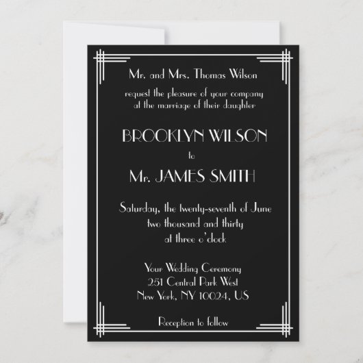 Invitation Noir Blanc Grand Gatsby Art Déco Mariage Invite (Devant)