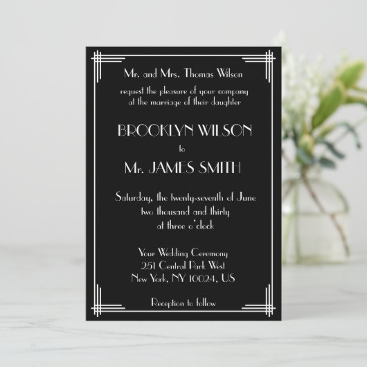 Invitation Noir Blanc Grand Gatsby Art Déco Mariage Invite (Debout devant)