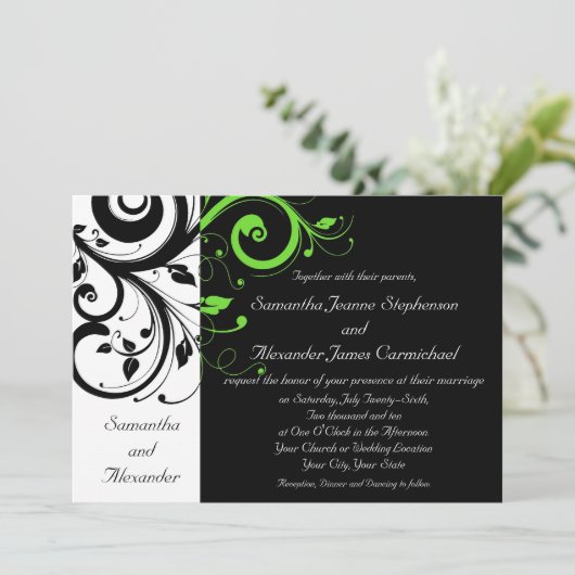 Invitation Noir/Blanc/Lime Vert Gras Mariage (Debout devant)