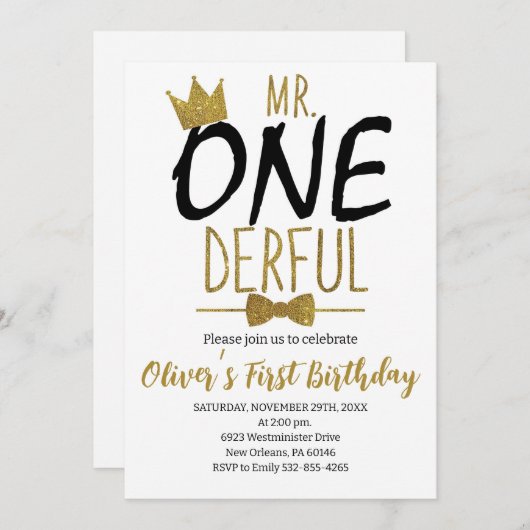 Invitation Noir & Blanc, M.Onederful Birthday, Little Man (Devant / Derrière)
