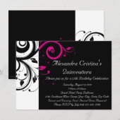 Invitation Noir, Blanc, Magenta Swirl Quinceañera (Devant / Derrière)