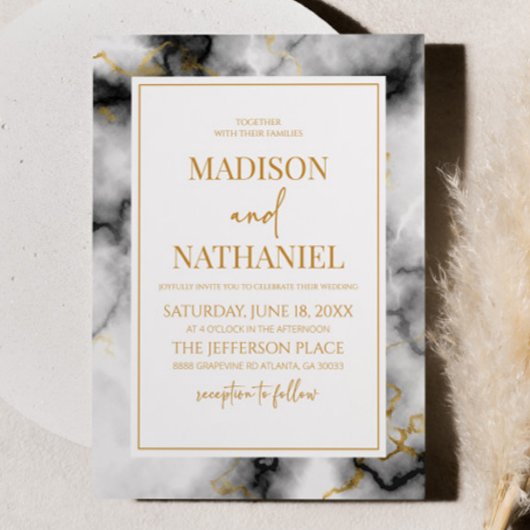 Invitation Noir Blanc Marbre Or élégant Mariage