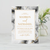 Invitation Noir Blanc Marbre Or élégant Mariage (Debout devant)