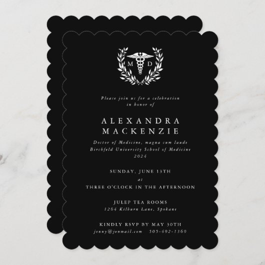 Invitation Noir+Blanc MD Caduceus+Laurel Wreath Graduation (Devant / Derrière)