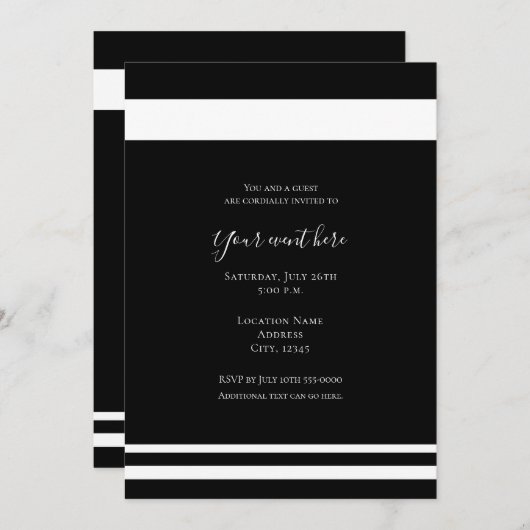 Invitation Noir & Blanc Minimal Élégant Dîner Fête (Devant / Derrière)