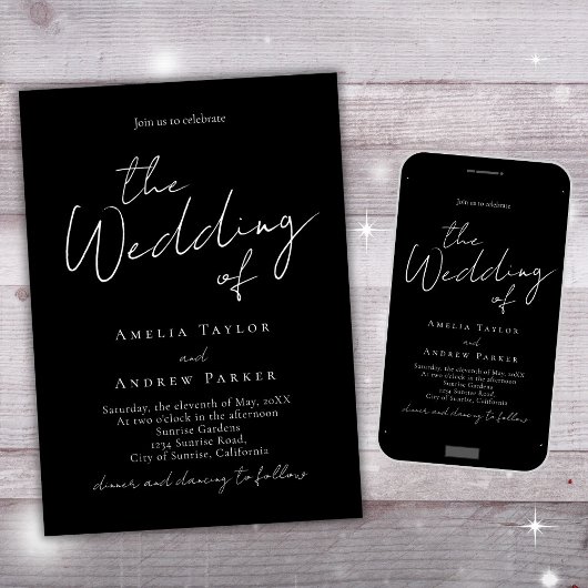 Invitation Noir blanc minimal Script élégant Mariage de code 