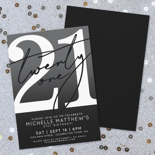 Invitation Noir Blanc Moderne 21e Anniversaire