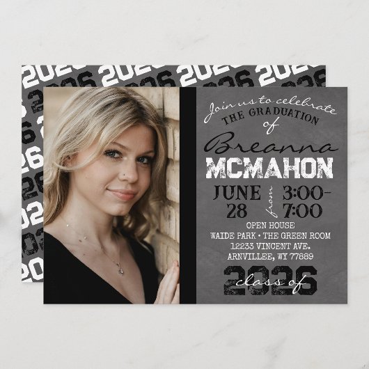 Invitation Noir & Blanc Moderne Chalkboard Graduation