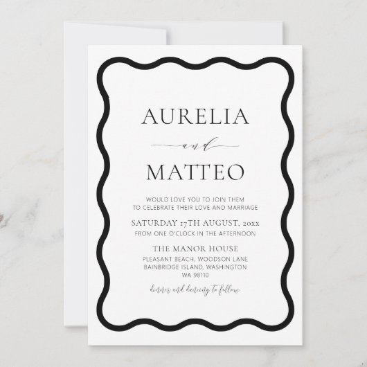 Invitation Noir & Blanc Moderne Elégant Bordure Vave Minimale (Devant)