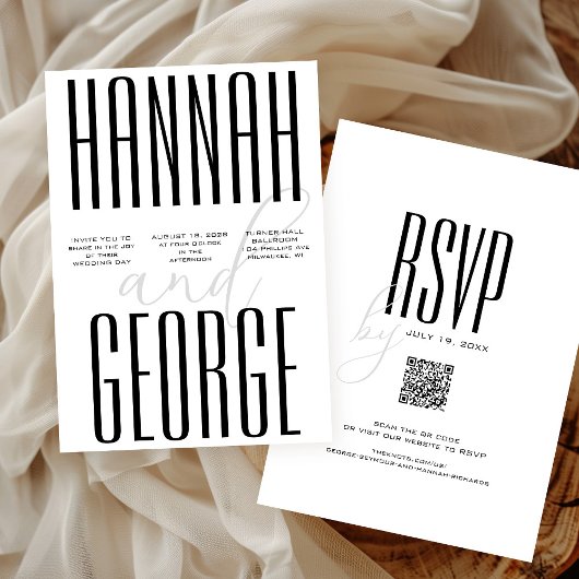 Invitation Noir & Blanc moderne Gras Simple Code QR Mariage