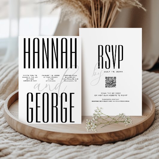 Invitation Noir & Blanc moderne Gras Simple Code QR Mariage