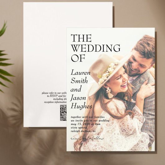 Invitation Noir & Blanc moderne QR Code Photo Boho Mariage