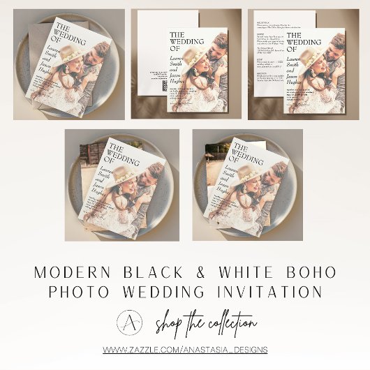 Invitation Noir & Blanc moderne QR Code Photo Boho Mariage