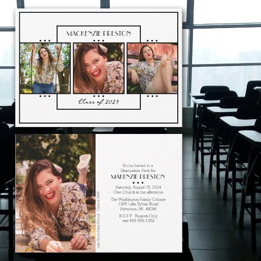 Invitation Noir blanc moderne Quatre photo Grad Party