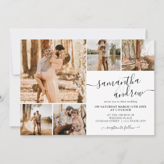 Invitation Noir blanc moderne script 6 photos mariage (Devant)