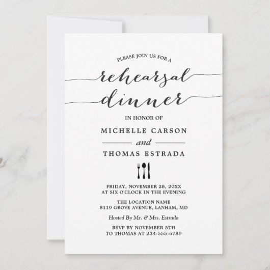 Invitation Noir Blanc moderne Script Mariage Dîner de répétit (Devant)
