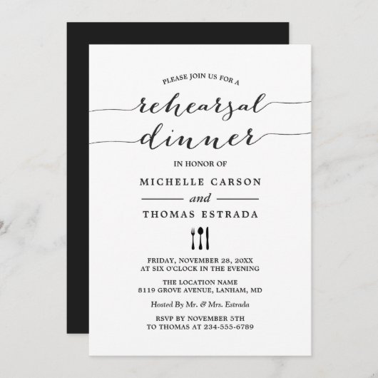 Invitation Noir Blanc moderne Script Mariage Dîner de répétit (Devant / Derrière)