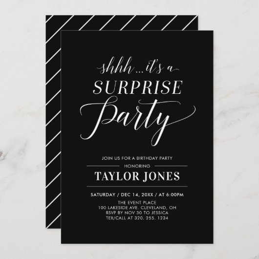 Invitation Noir & Blanc | Moderne Surprise Anniversaire Inv (Devant / Derrière)
