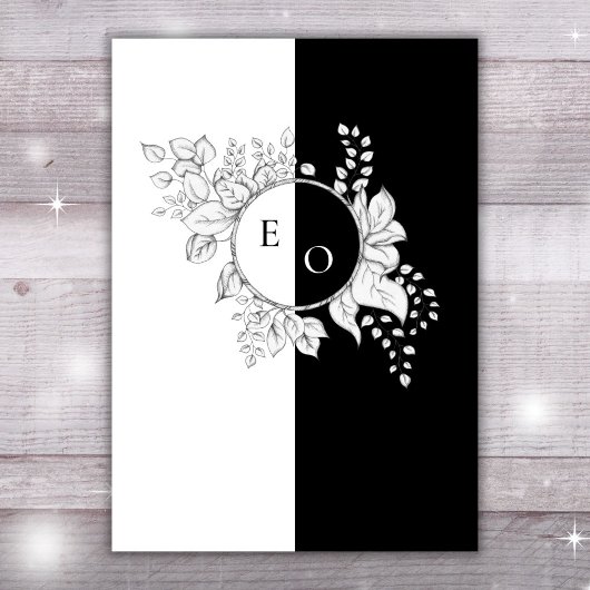 Invitation Noir Blanc Monogramme Crest Élégant Mariage Floral