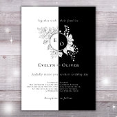 Invitation Noir Blanc Monogramme Crest Élégant Mariage Floral