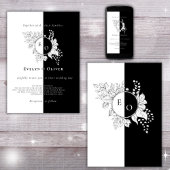 Invitation Noir Blanc Monogramme Crest Élégant Mariage Floral
