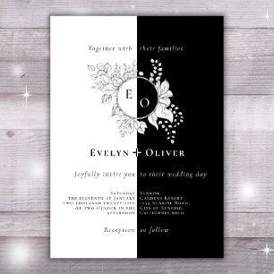 Invitation Noir Blanc Monogramme Crest Élégant Mariage Floral