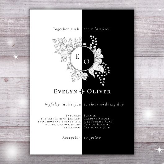 Invitation Noir Blanc Monogramme Crest Élégant Mariage Floral