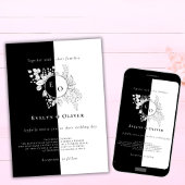 Invitation Noir Blanc Monogramme Crest Élégant Mariage Floral