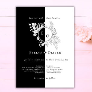 Invitation Noir Blanc Monogramme Crest Élégant Mariage Floral