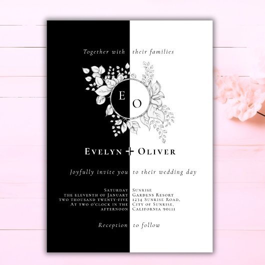 Invitation Noir Blanc Monogramme Crest Élégant Mariage Floral