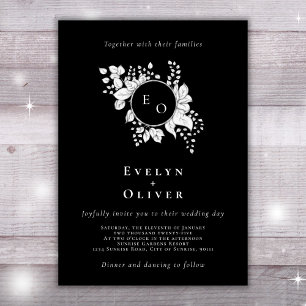 Invitation Noir Blanc Monogramme Floral Crest Élégant Mariage