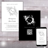 Invitation Noir Blanc Monogramme Floral QRCode Mariage élégan