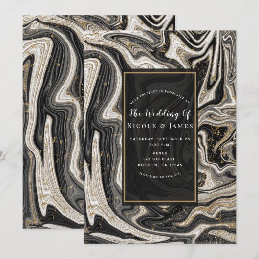 Invitation Noir Blanc & Or Chic Moderne Mariage (Devant / Derrière)