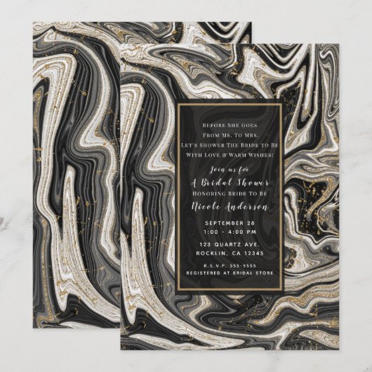Invitation Noir Blanc & Or Chic Tourbillon Moderne Réception  (Devant / Derrière)