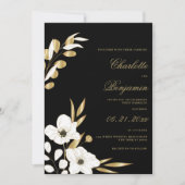 Invitation Noir blanc or élégant luxe mariage floral (Devant)